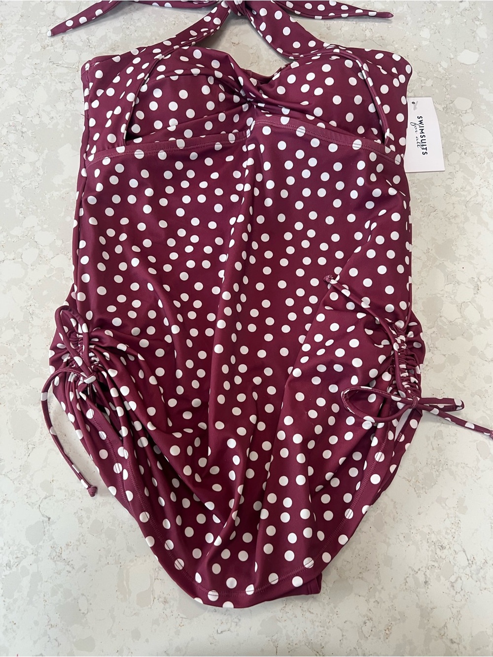 Swimsuits For All Burgundy and White Polka Dot Halter One-Piece